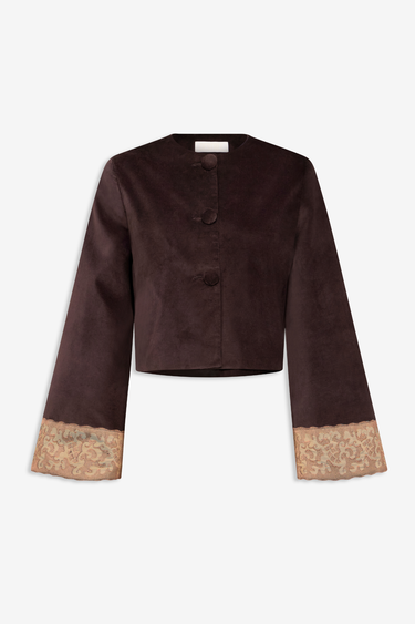 Dark brown velvet jacket with lace hem